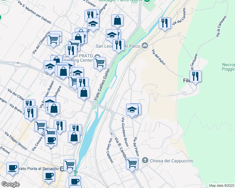 map of restaurants, bars, coffee shops, grocery stores, and more near 46 Via Giovanni Miniati in Prato