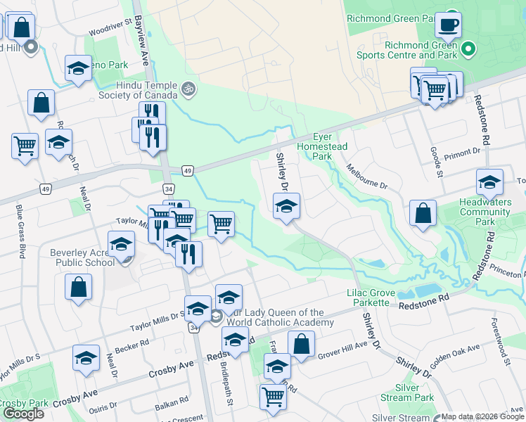 map of restaurants, bars, coffee shops, grocery stores, and more near in Richmond Hill