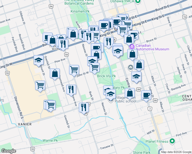 map of restaurants, bars, coffee shops, grocery stores, and more near 163 Nassau Street in Oshawa