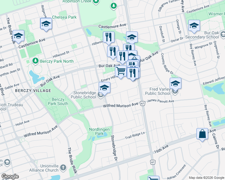 map of restaurants, bars, coffee shops, grocery stores, and more near 31 Cliveden Place in Markham