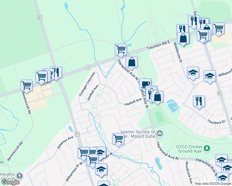 map of restaurants, bars, coffee shops, grocery stores, and more near Haskell Avenue in Ajax