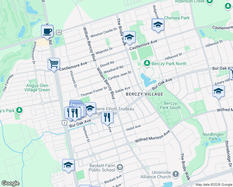 map of restaurants, bars, coffee shops, grocery stores, and more near 101 Gable Avenue in Markham
