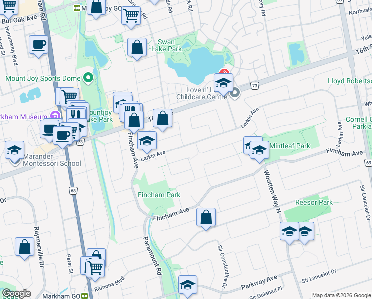 map of restaurants, bars, coffee shops, grocery stores, and more near in Markham