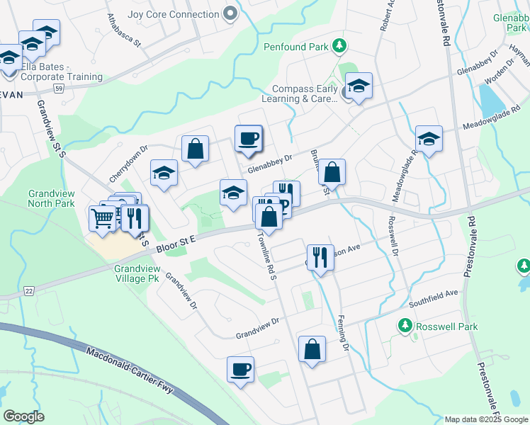 map of restaurants, bars, coffee shops, grocery stores, and more near 65 Turnberry Crescent in Courtice