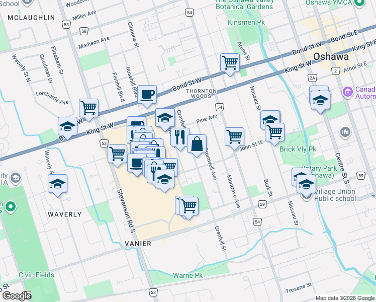 map of restaurants, bars, coffee shops, grocery stores, and more near 104 Grenfell Street in Oshawa