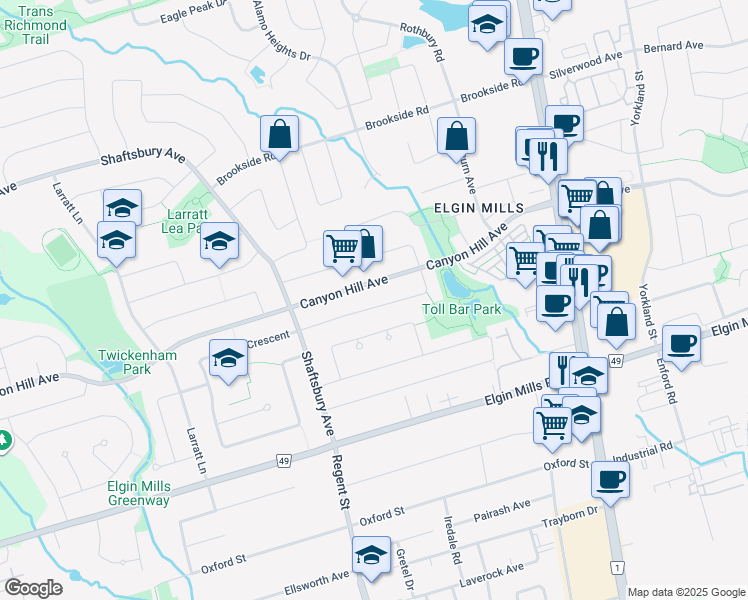 map of restaurants, bars, coffee shops, grocery stores, and more near 51 Gracedale Drive in Richmond Hill
