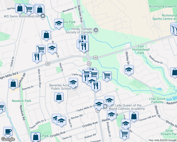 map of restaurants, bars, coffee shops, grocery stores, and more near 10676 Bayview Avenue in Richmond Hill