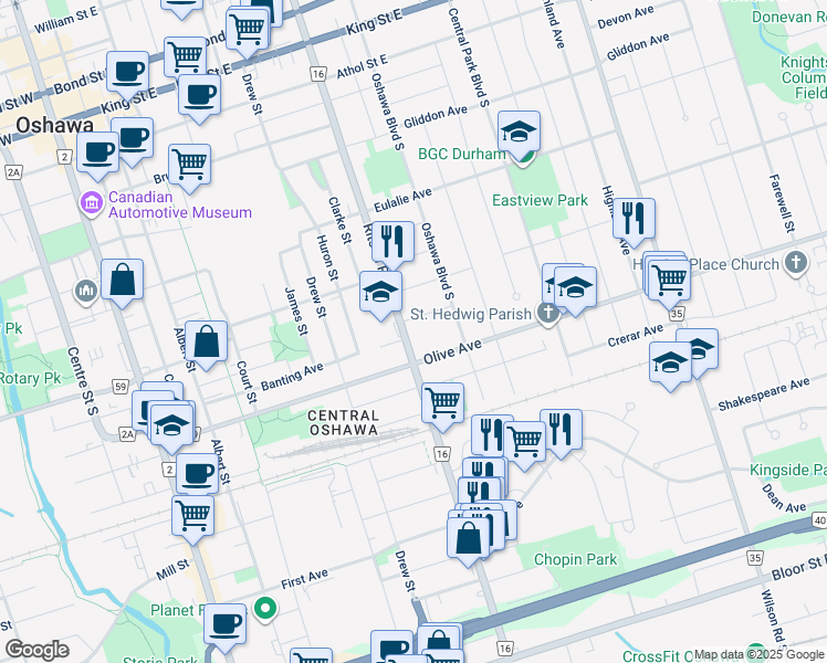 map of restaurants, bars, coffee shops, grocery stores, and more near in Oshawa