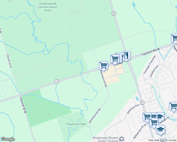 map of restaurants, bars, coffee shops, grocery stores, and more near 346 Durham Regional Road 4 in Ajax
