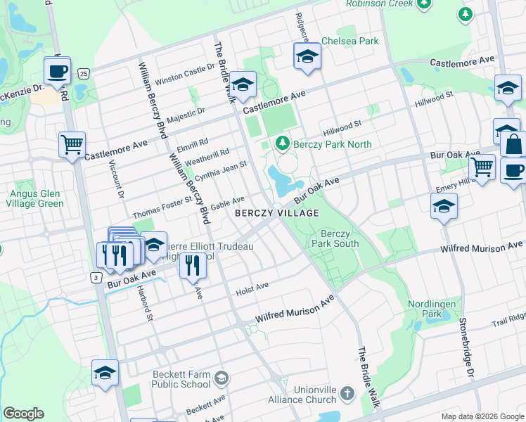 map of restaurants, bars, coffee shops, grocery stores, and more near in Markham