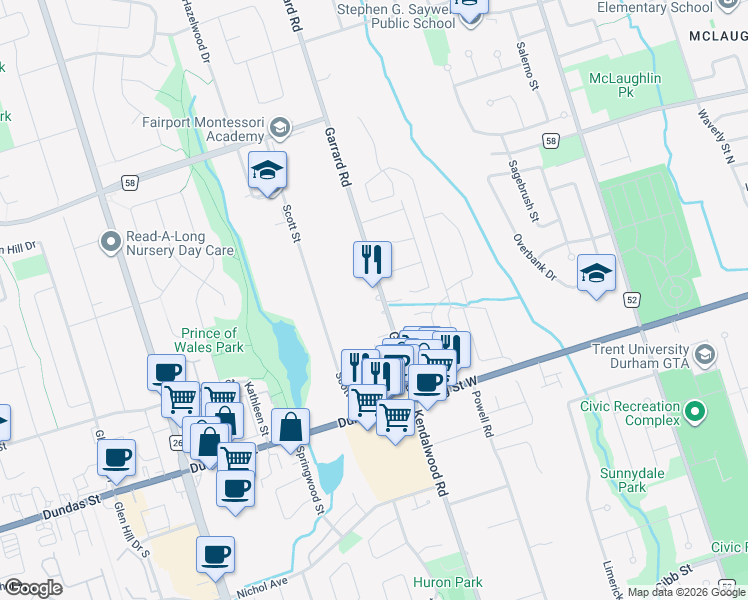map of restaurants, bars, coffee shops, grocery stores, and more near 48 Garrard Road in Whitby