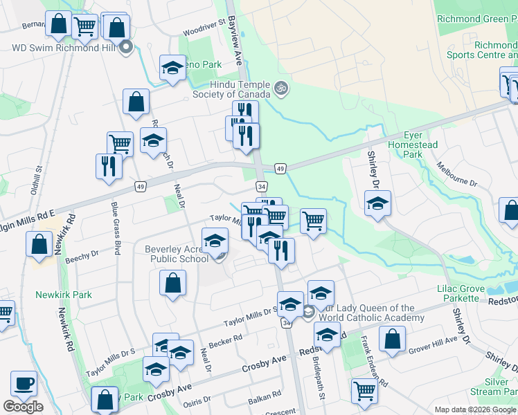 map of restaurants, bars, coffee shops, grocery stores, and more near 10676 Bayview Avenue in Richmond Hill