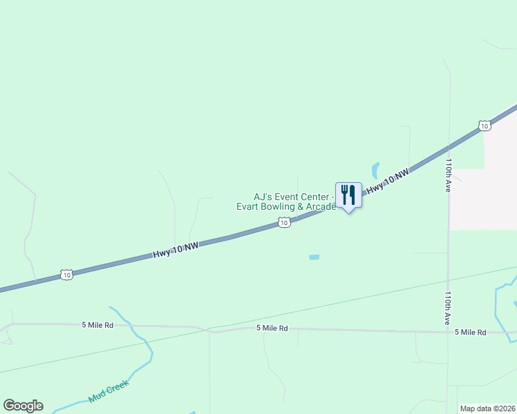 map of restaurants, bars, coffee shops, grocery stores, and more near 11628 U.S. 10 in Evart