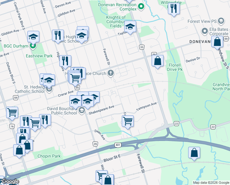 map of restaurants, bars, coffee shops, grocery stores, and more near 429 Austen Court in Oshawa