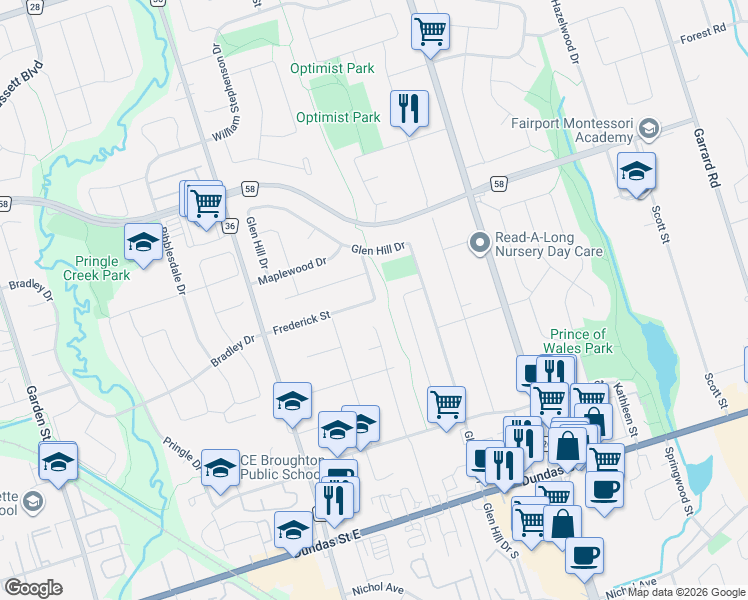 map of restaurants, bars, coffee shops, grocery stores, and more near in Whitby