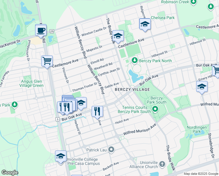map of restaurants, bars, coffee shops, grocery stores, and more near 72 Crawford Street in Markham