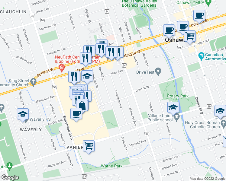 map of restaurants, bars, coffee shops, grocery stores, and more near 129 Grenfell Street in Oshawa