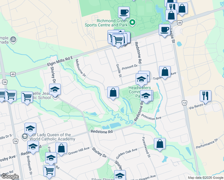 map of restaurants, bars, coffee shops, grocery stores, and more near 15 Toporowski Avenue in Richmond Hill