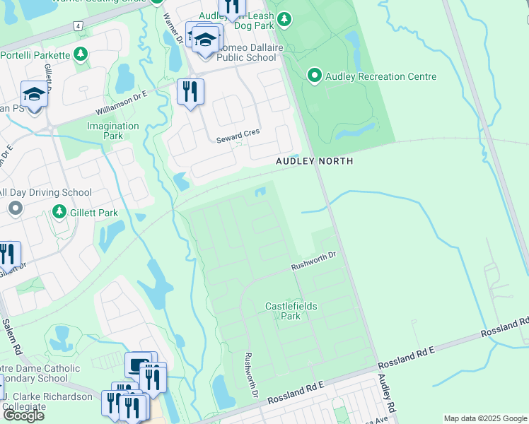 map of restaurants, bars, coffee shops, grocery stores, and more near 49 Brider Crescent in Ajax