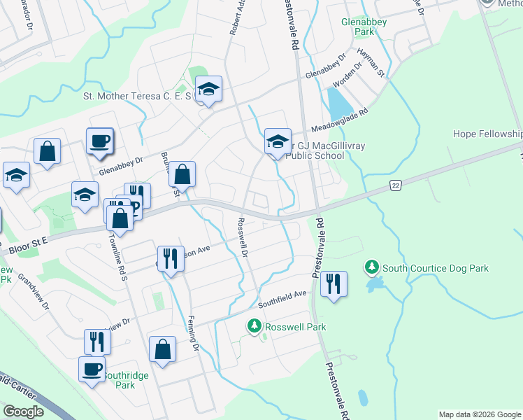 map of restaurants, bars, coffee shops, grocery stores, and more near 78 Ferris Square in Courtice