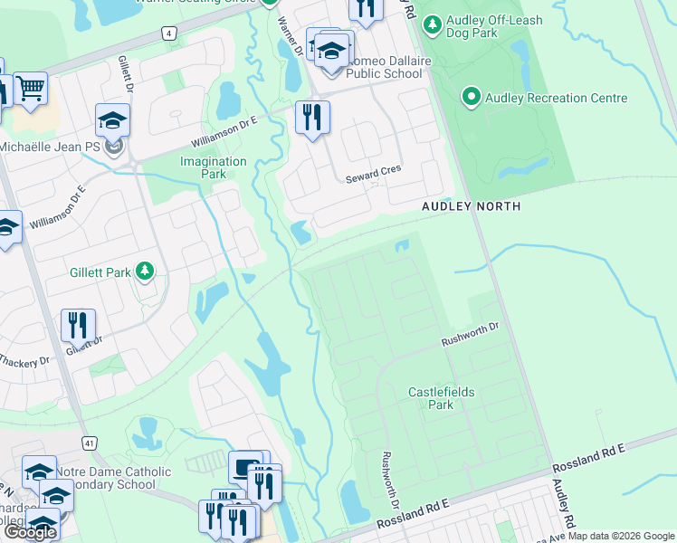 map of restaurants, bars, coffee shops, grocery stores, and more near 33 Darlet Avenue in Ajax
