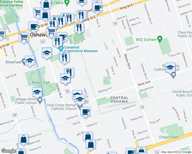 map of restaurants, bars, coffee shops, grocery stores, and more near 117 Stacey Avenue in Oshawa