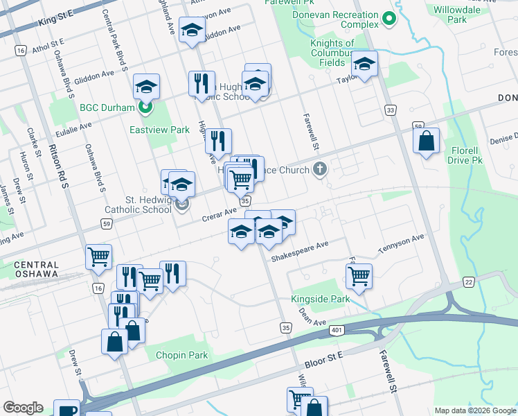 map of restaurants, bars, coffee shops, grocery stores, and more near 559 Crerar Avenue in Oshawa