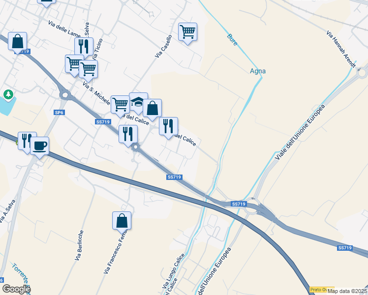 map of restaurants, bars, coffee shops, grocery stores, and more near 11 Via Alessandro Volta in Agliana