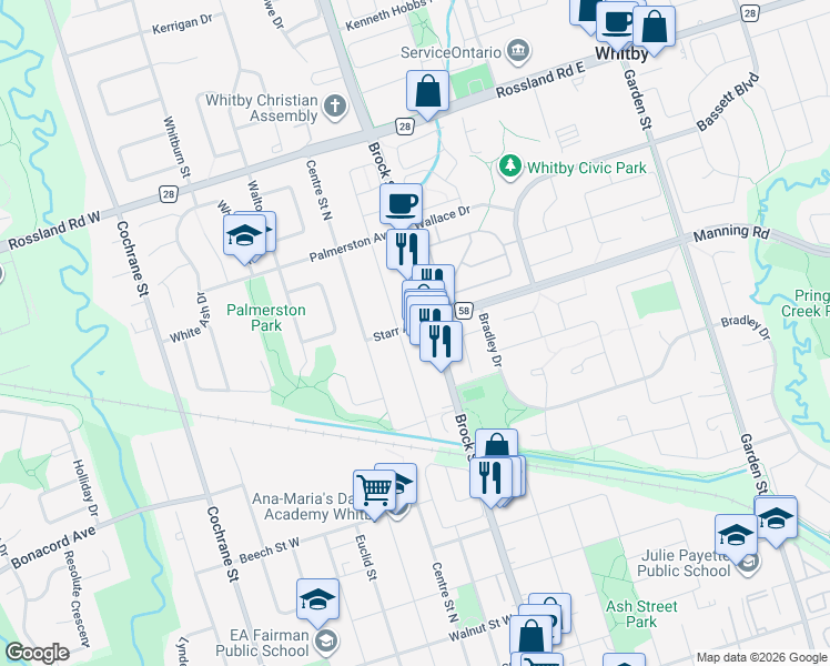 map of restaurants, bars, coffee shops, grocery stores, and more near 107 Starr Avenue in Whitby