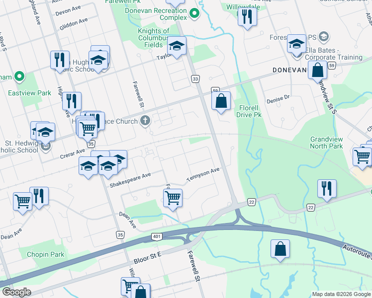map of restaurants, bars, coffee shops, grocery stores, and more near 742 Chesterton Avenue in Oshawa