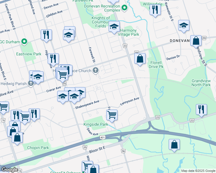 map of restaurants, bars, coffee shops, grocery stores, and more near 702 Chesterton Avenue in Oshawa