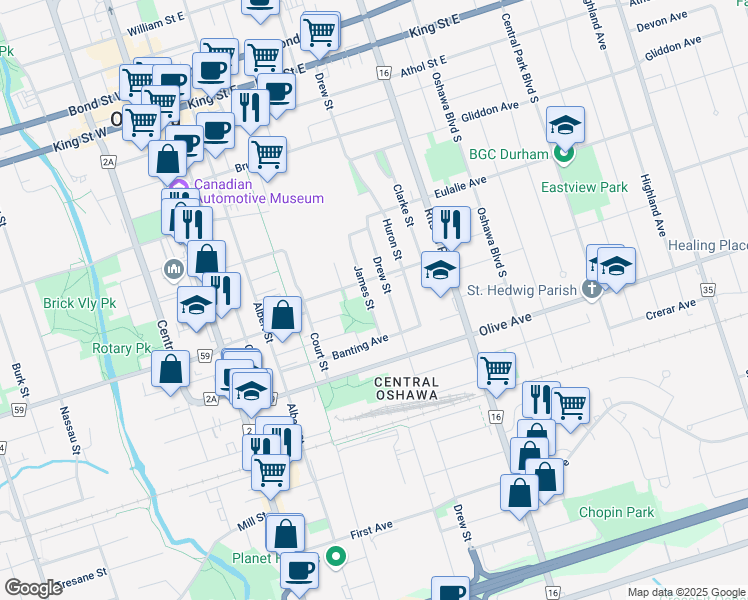 map of restaurants, bars, coffee shops, grocery stores, and more near in Oshawa