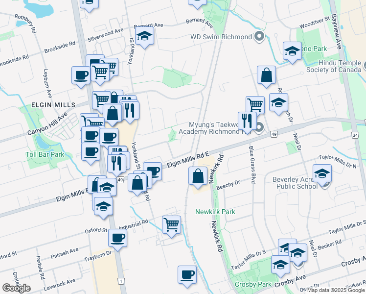 map of restaurants, bars, coffee shops, grocery stores, and more near in Richmond Hill
