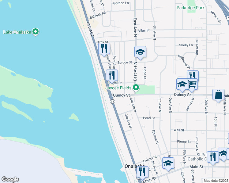 map of restaurants, bars, coffee shops, grocery stores, and more near 210 Quincy Street in Onalaska