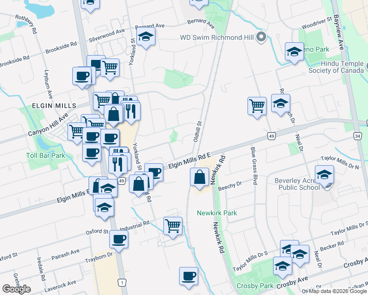 map of restaurants, bars, coffee shops, grocery stores, and more near 33 Forestside Court in Richmond Hill