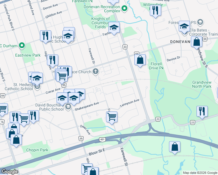 map of restaurants, bars, coffee shops, grocery stores, and more near 719 Keates Avenue in Oshawa