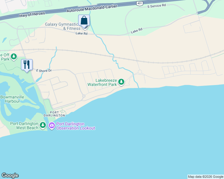 map of restaurants, bars, coffee shops, grocery stores, and more near 130 East Beach Road in Bowmanville