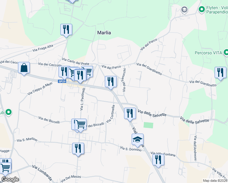 map of restaurants, bars, coffee shops, grocery stores, and more near 24 Via della Chiesa in Capannori