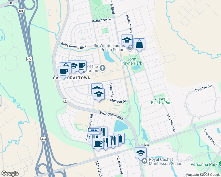 map of restaurants, bars, coffee shops, grocery stores, and more near 24 Lebarr Road in Markham