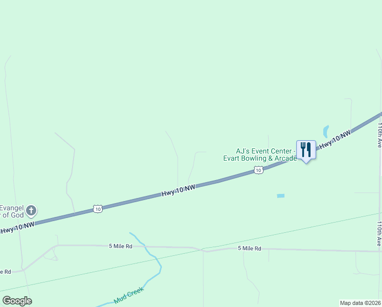 map of restaurants, bars, coffee shops, grocery stores, and more near 11628-11914 U.S. 10 in Evart
