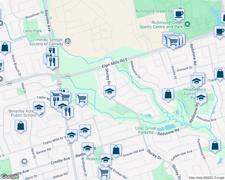 map of restaurants, bars, coffee shops, grocery stores, and more near 310 Shirley Drive in Richmond Hill