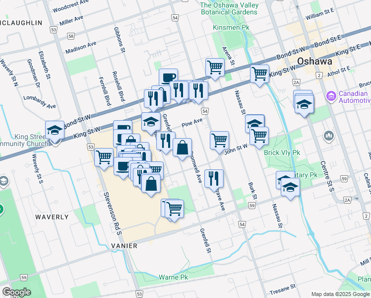 map of restaurants, bars, coffee shops, grocery stores, and more near 129 Grenfell Street in Oshawa