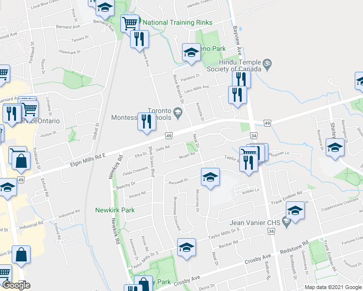 map of restaurants, bars, coffee shops, grocery stores, and more near 317 Skopit Road in Richmond Hill