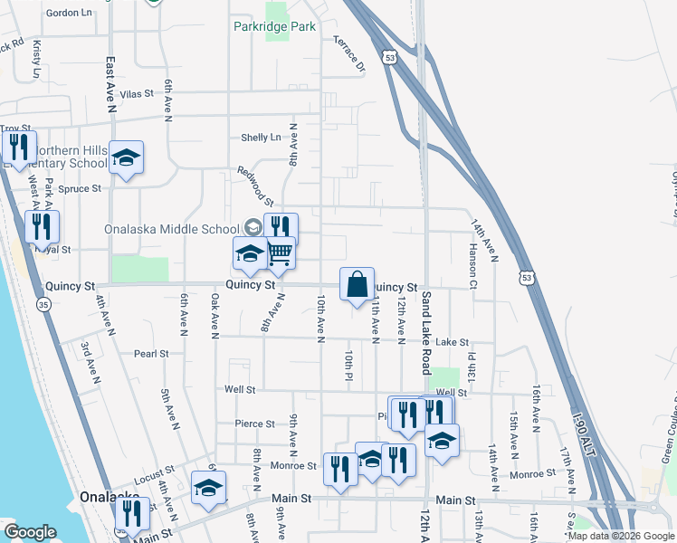 map of restaurants, bars, coffee shops, grocery stores, and more near 637 10th Court in Onalaska