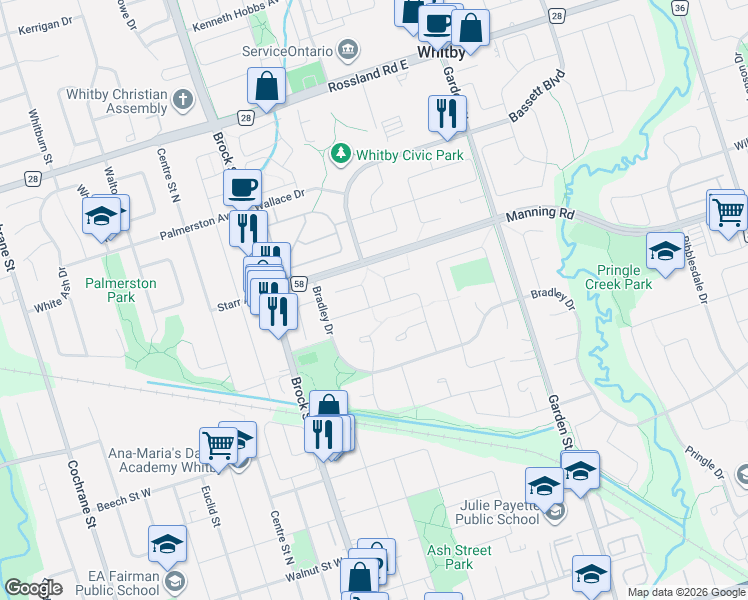 map of restaurants, bars, coffee shops, grocery stores, and more near 1 Harrison Court in Whitby