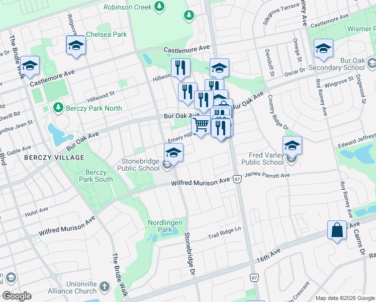 map of restaurants, bars, coffee shops, grocery stores, and more near 28 Cliveden Place in Markham