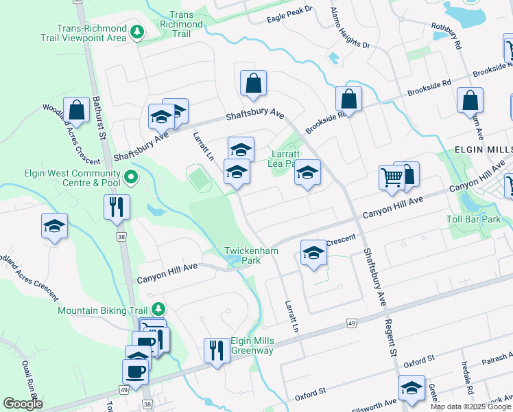 map of restaurants, bars, coffee shops, grocery stores, and more near 12 Buckhorn Avenue in Richmond Hill