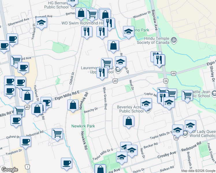map of restaurants, bars, coffee shops, grocery stores, and more near 290 Skopit Road in Richmond Hill