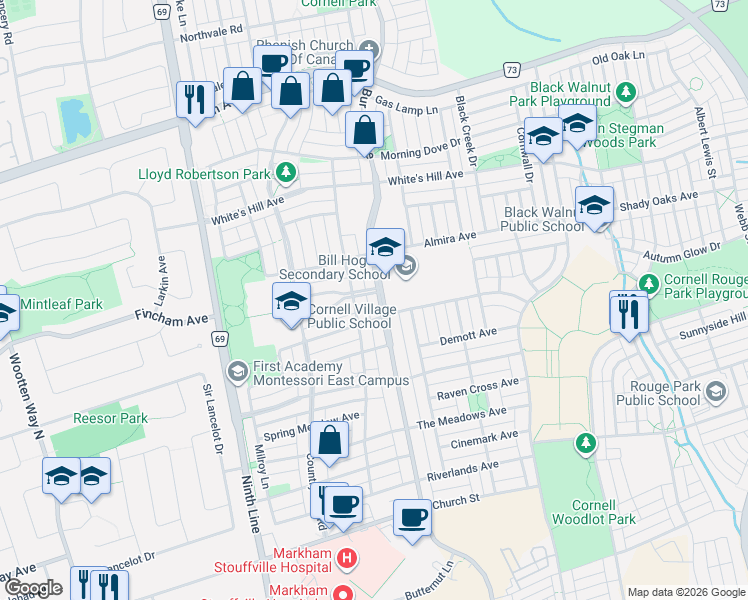 map of restaurants, bars, coffee shops, grocery stores, and more near 2863 Bur Oak Avenue in Markham