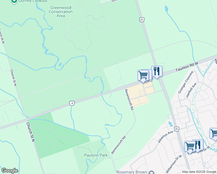 map of restaurants, bars, coffee shops, grocery stores, and more near 346 Durham Regional Road 4 in Ajax